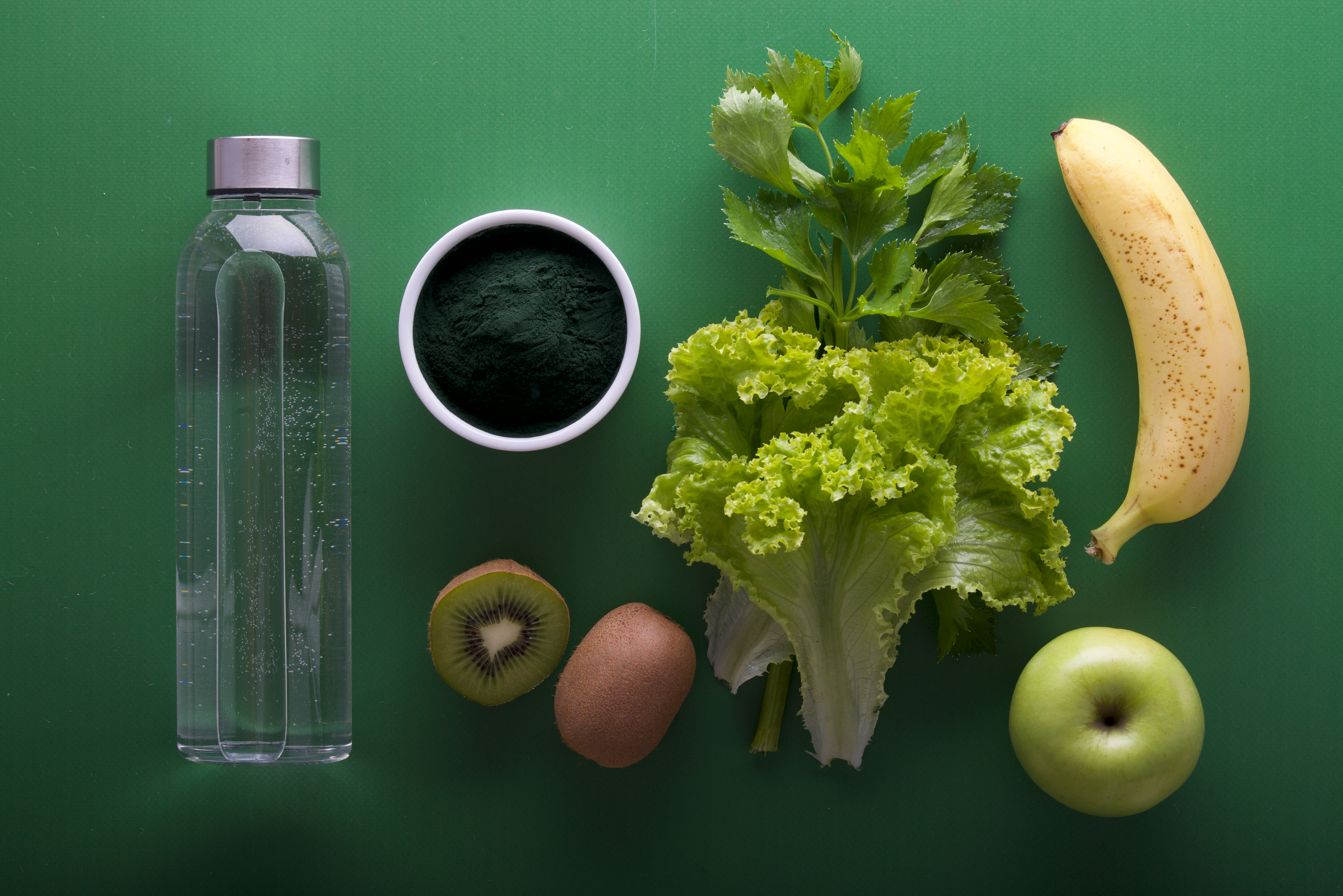 water, fresh fruits and vegetables